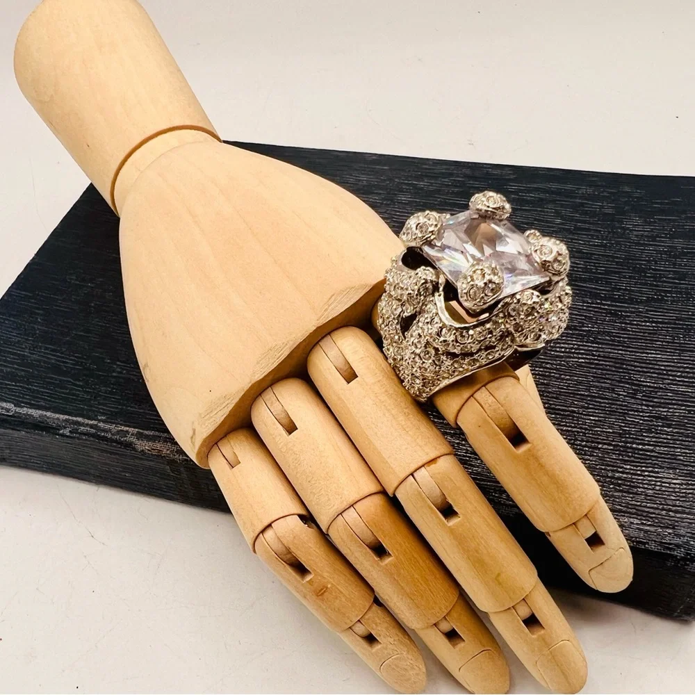Huge chunky fake diamond cocktail ring paved rhinestones silver tone size 6
